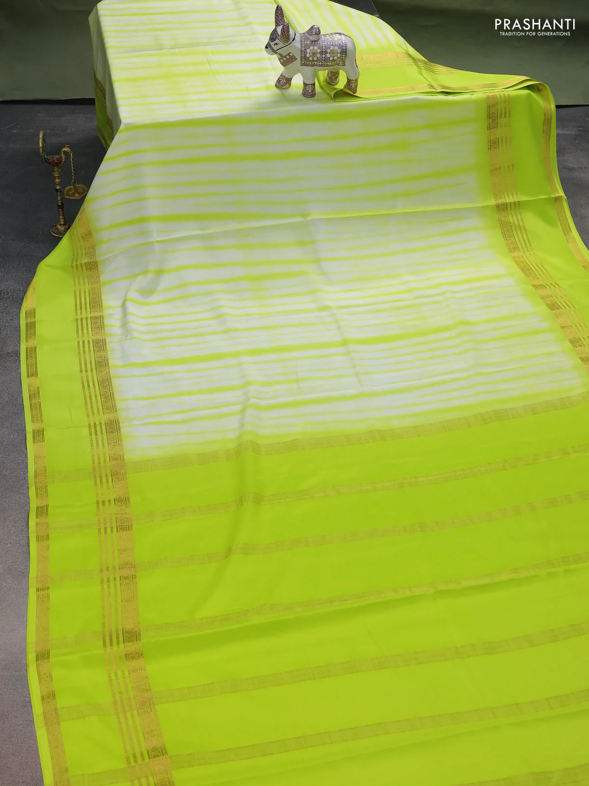 Pure mysore silk saree off white and fluorescent green with allover shibori prints and rettapet zari woven border - Image 2
