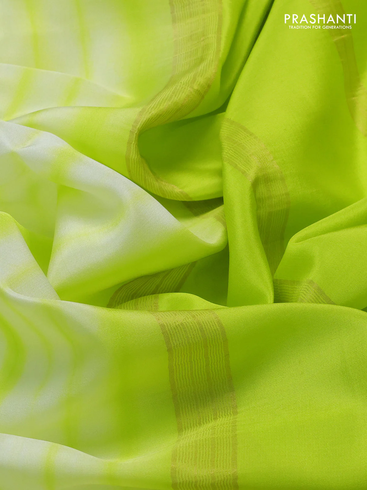 Pure mysore silk saree off white and fluorescent green with allover shibori prints and rettapet zari woven border - Image 3