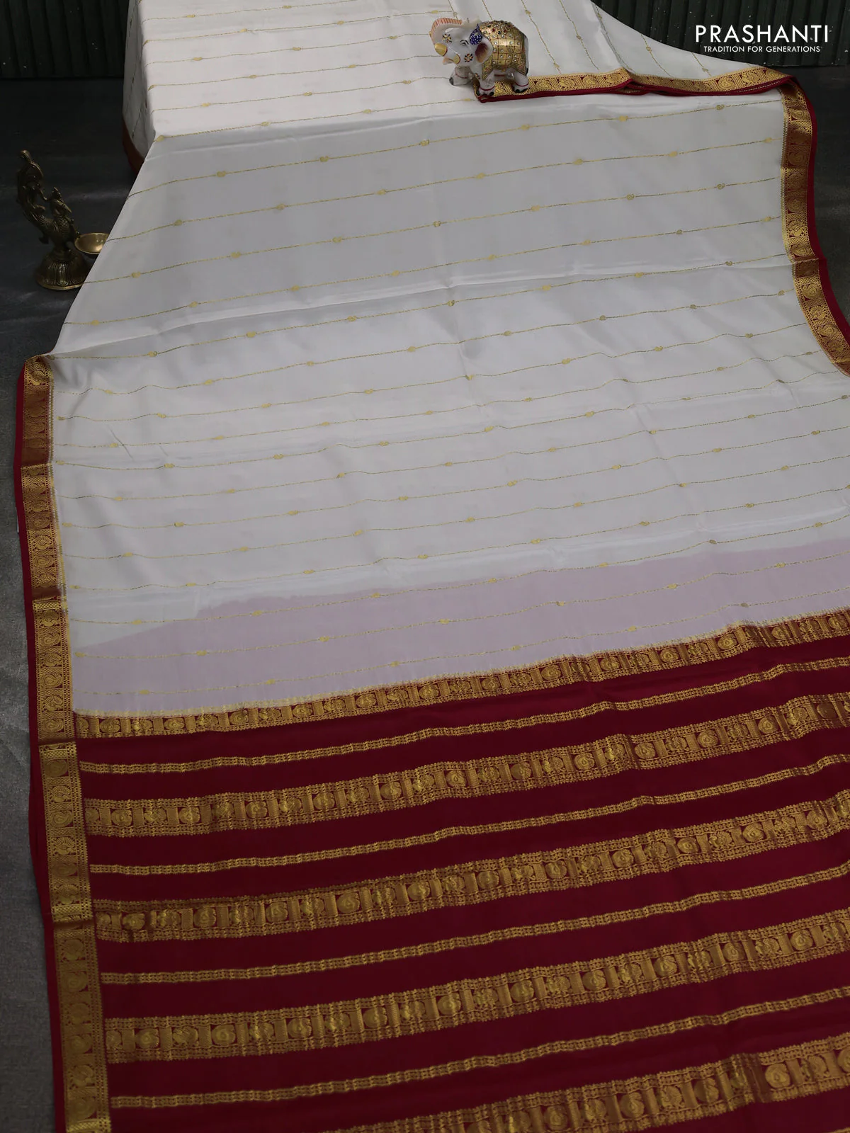 Pure mysore silk saree off white and maroon with allover zari stripes pattern & buttas and zari woven border - Image 2