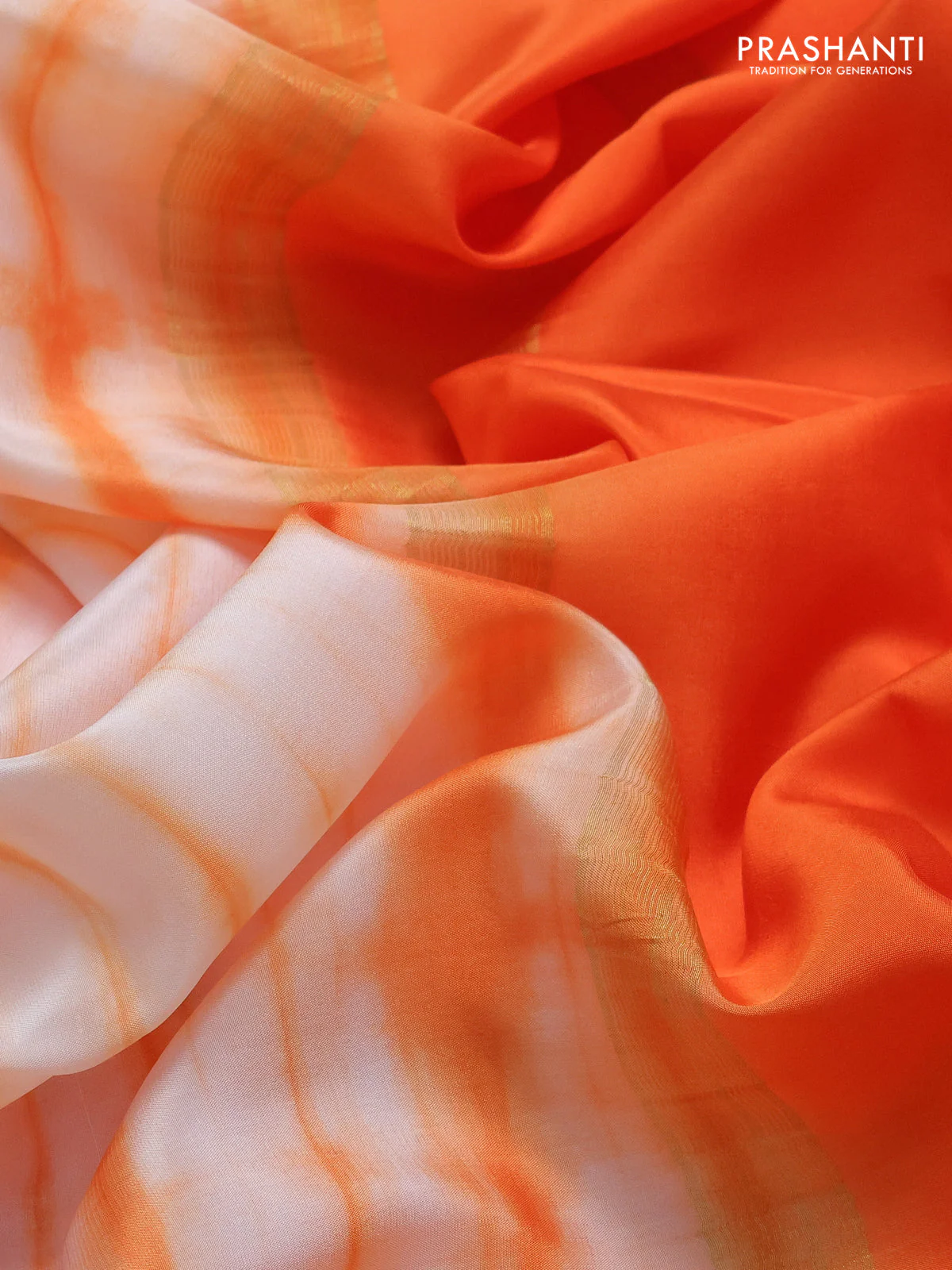 Pure mysore silk saree off white and orange with allover shibori prints and rettapet zari woven border - Image 3