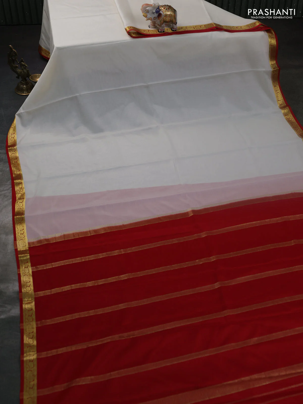 Pure mysore silk saree off white and red with plain body and zari woven border - Image 2