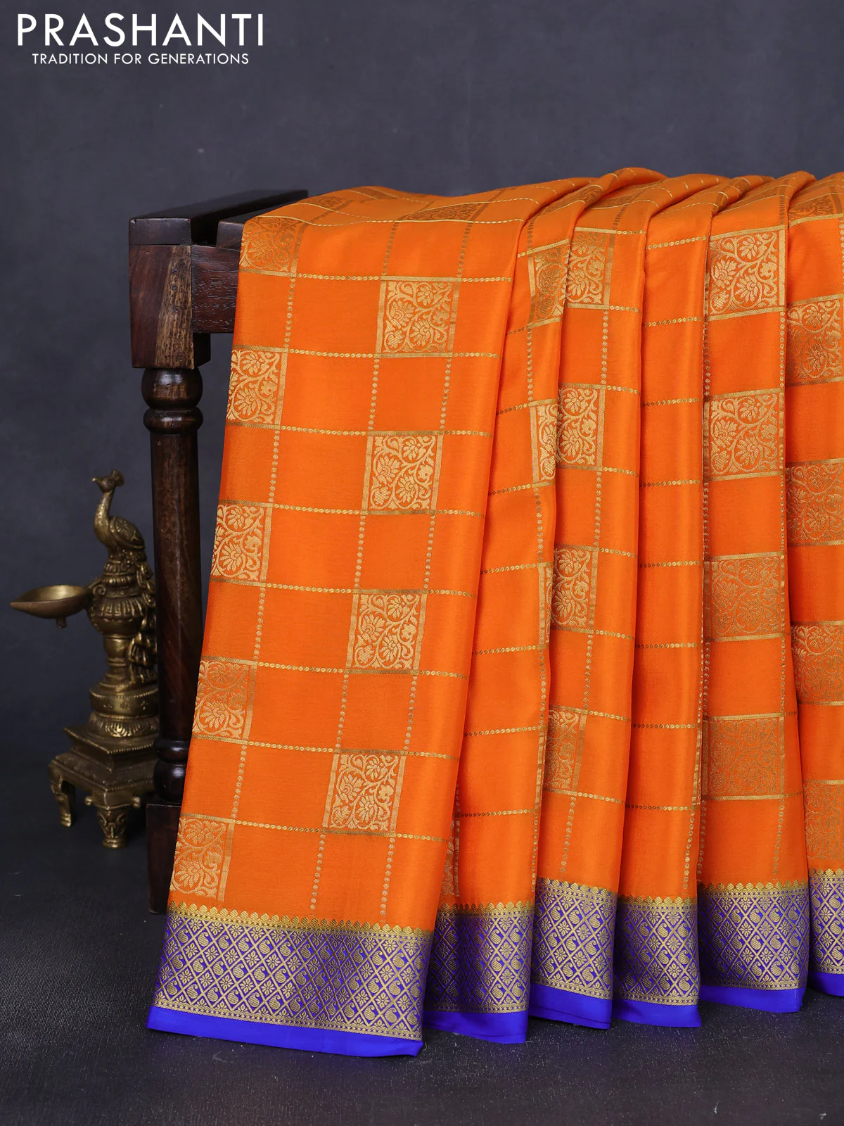 Pure mysore silk saree orange and blue with allover zari checks & buttas and zari woven border