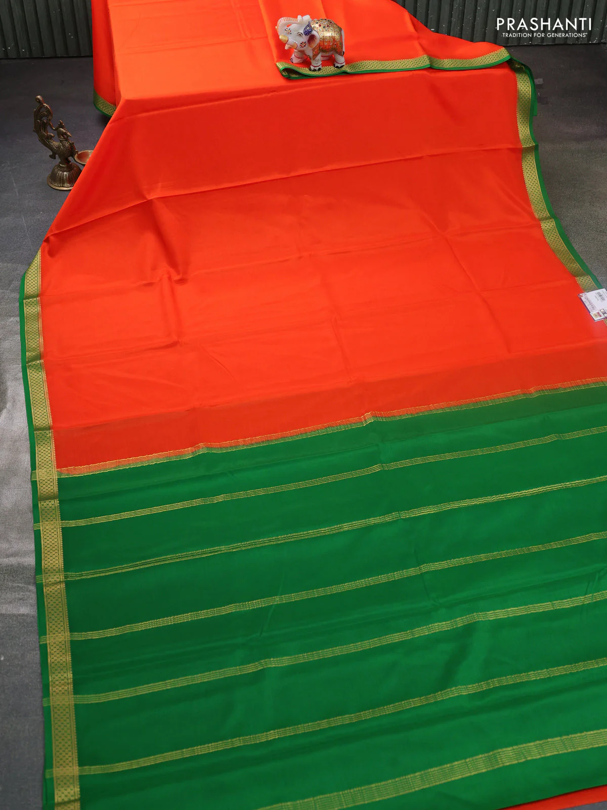 Pure mysore silk saree orange and green with plain body and zari woven border - Image 2