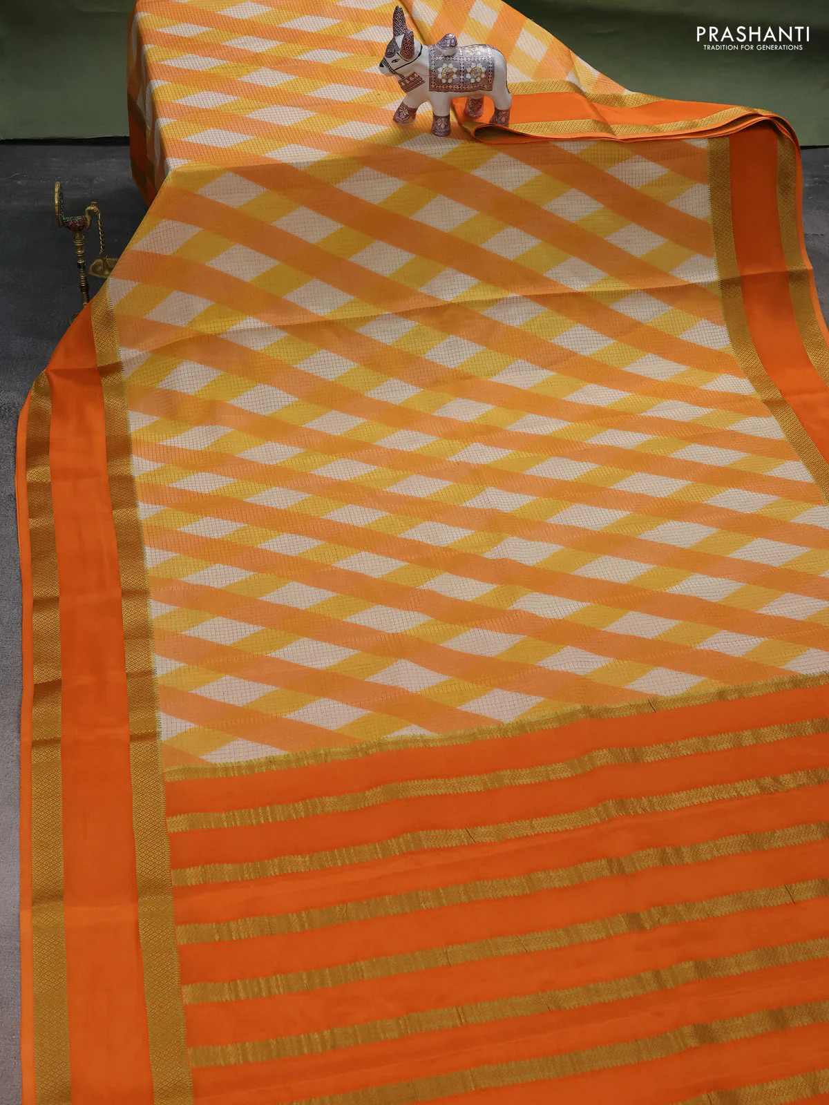 Pure mysore silk saree orange with allover checks & geometric prints and rettapet zari woven border - Image 2