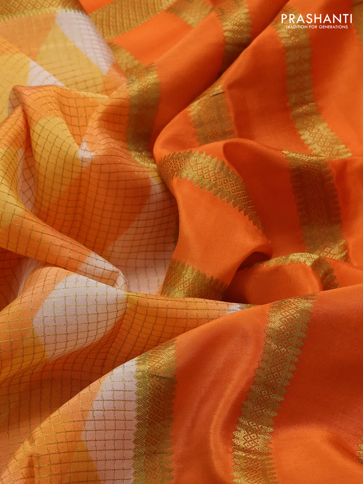 Pure mysore silk saree orange with allover checks & geometric prints and rettapet zari woven border - Image 3