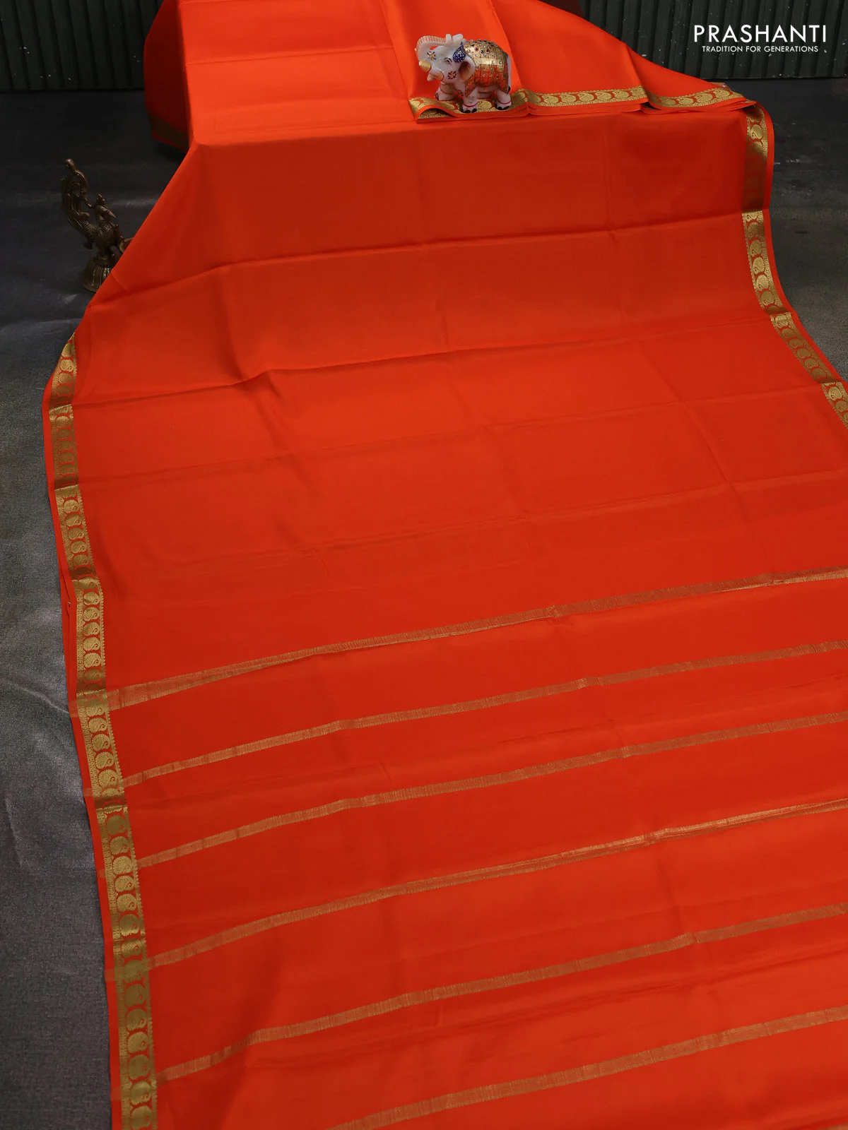 Pure mysore silk saree orange with plain body and paisley zari woven border - Image 2