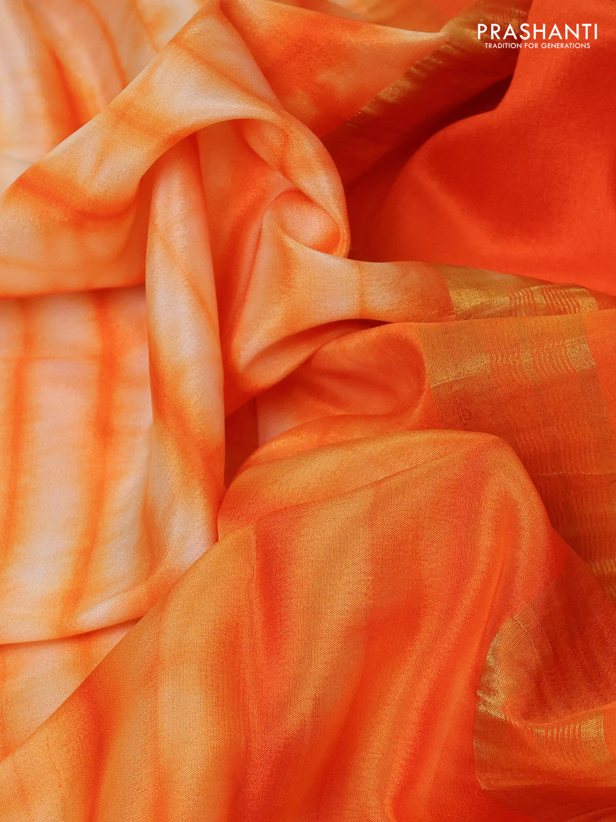 Pure mysore silk saree pale orange and orange with allover shibori prints and rettapet zari woven border - Image 3
