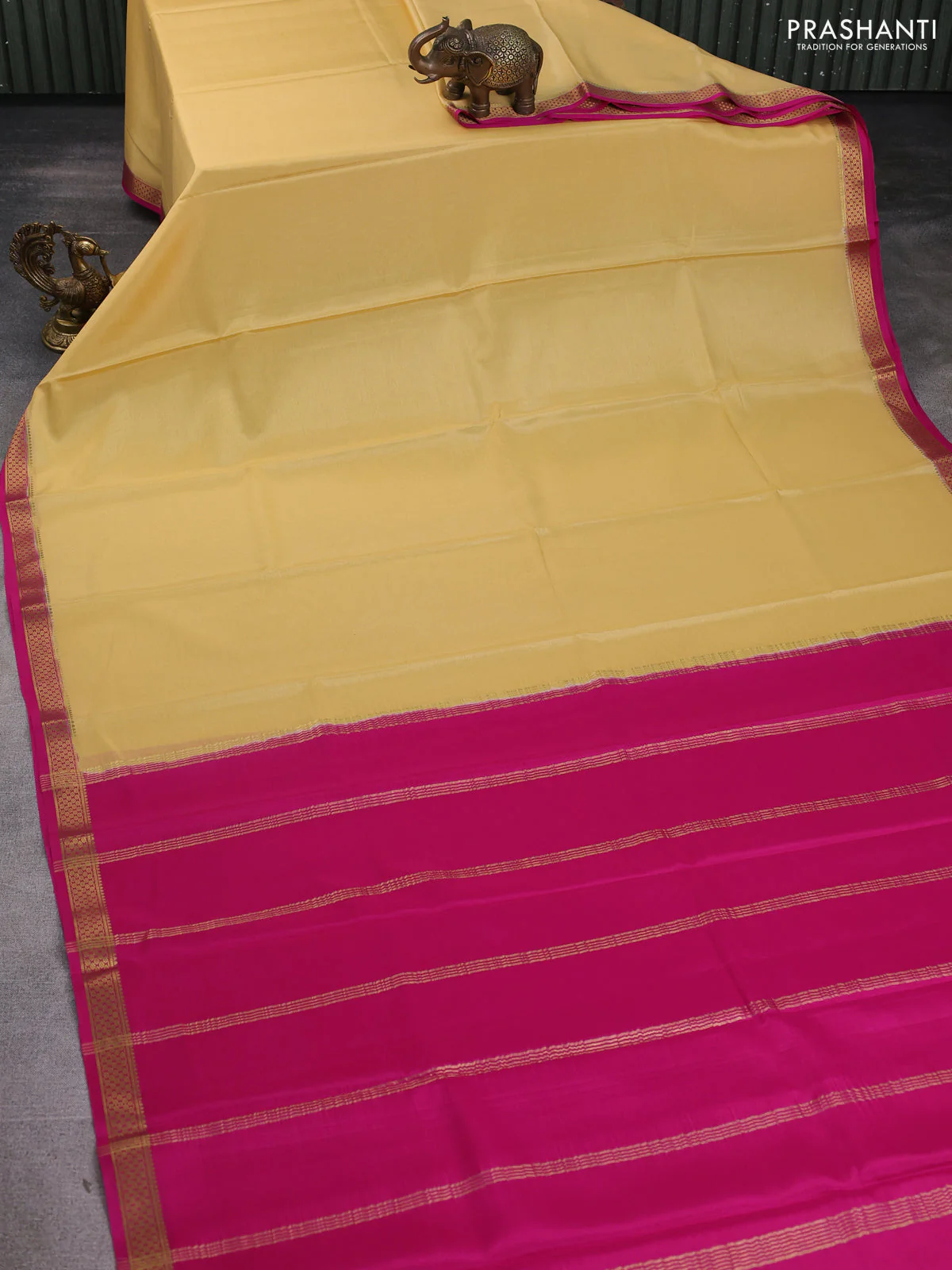 Pure mysore silk saree pale yellow and pink with plain body and zari woven border - Image 2