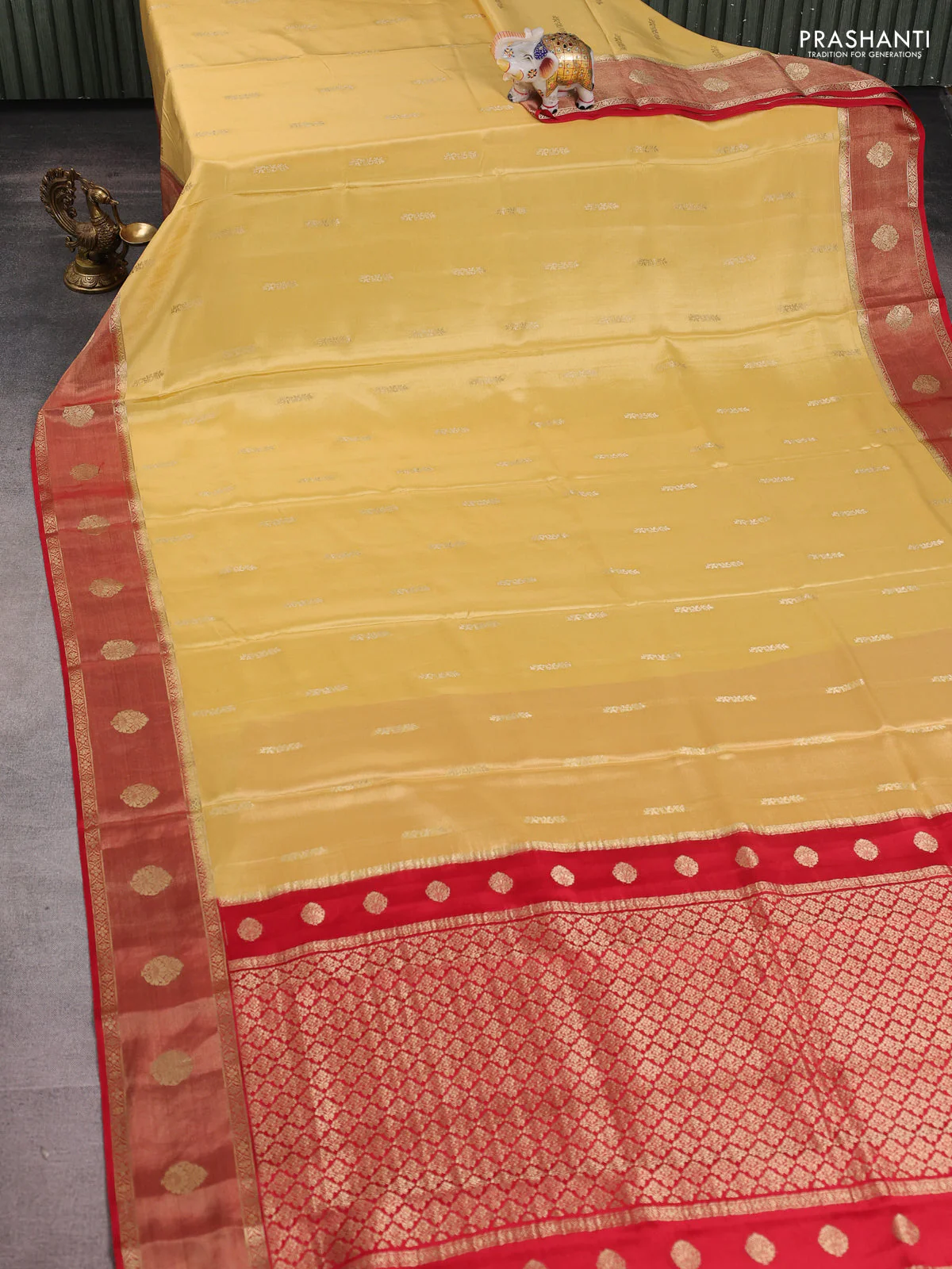 Pure mysore silk saree pale yellow and red with zari woven buttas and zari woven border - Image 2