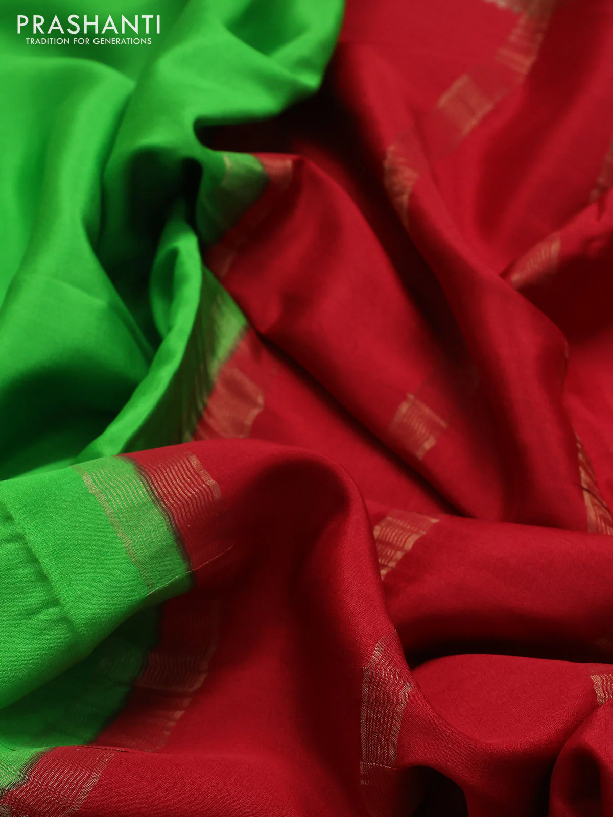 Pure mysore silk saree parrot green and red blue with plain body and rettapet zari woven border - Image 3