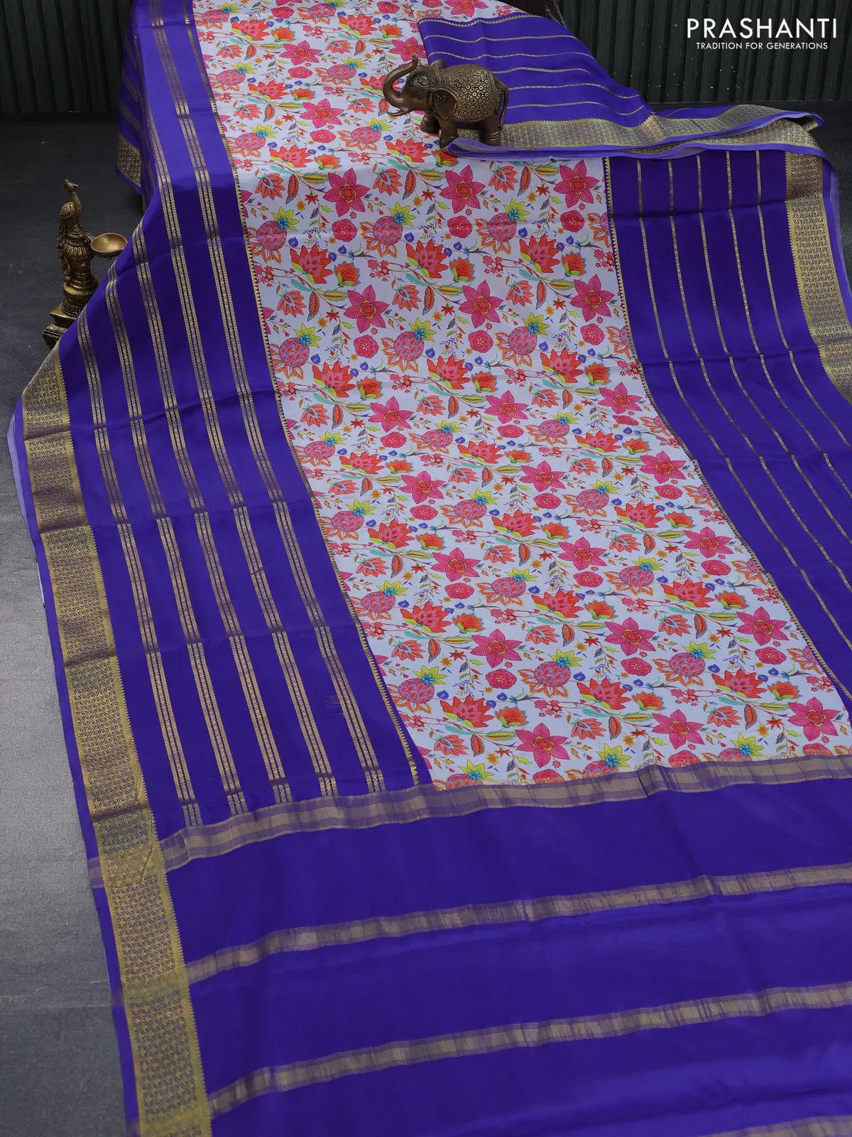 Pure mysore silk saree pastel blue and blue with allover digital prints and long zari woven border - Image 2
