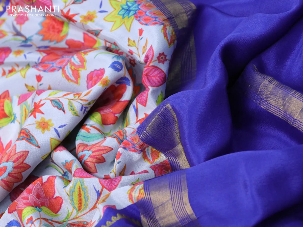 Pure mysore silk saree pastel blue and blue with allover digital prints and long zari woven border - Image 3