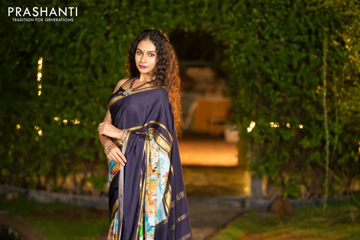 Pure mysore silk saree pastel blue and navy blue with pichwai prints and rettapet zari woven border - Image 10