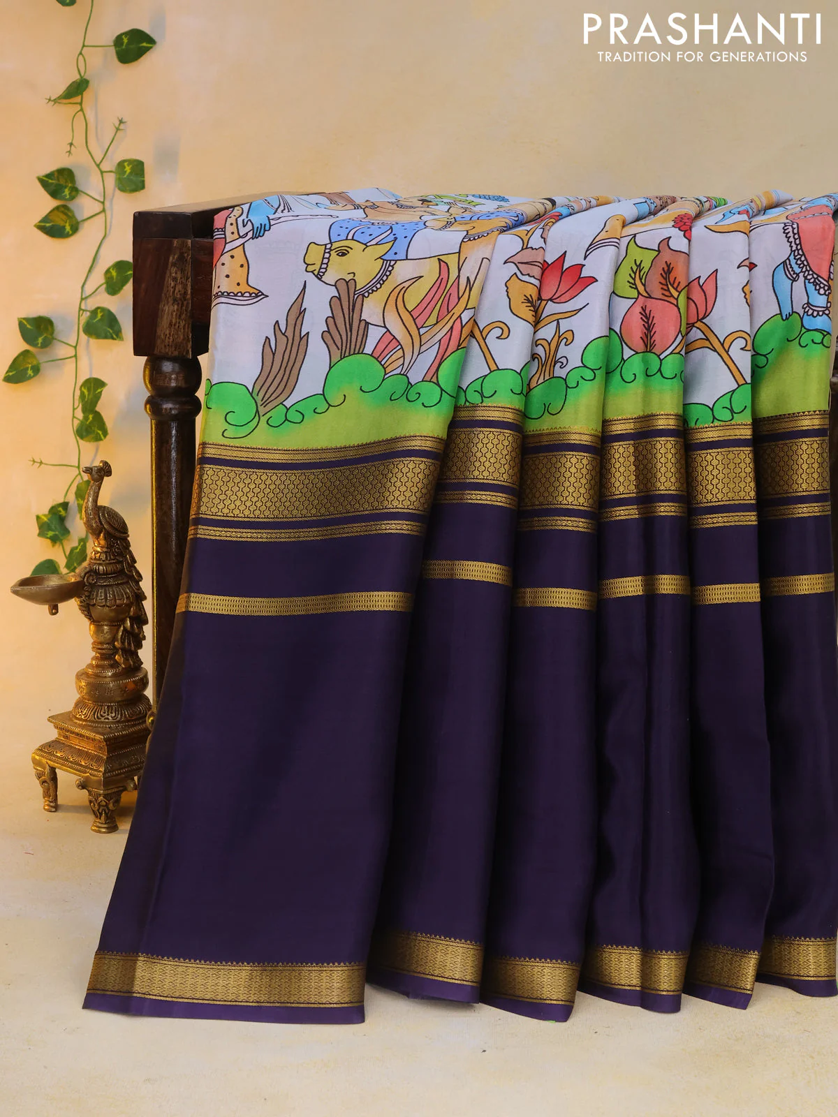 Pure mysore silk saree pastel blue and navy blue with pichwai prints and rettapet zari woven border - Image 11