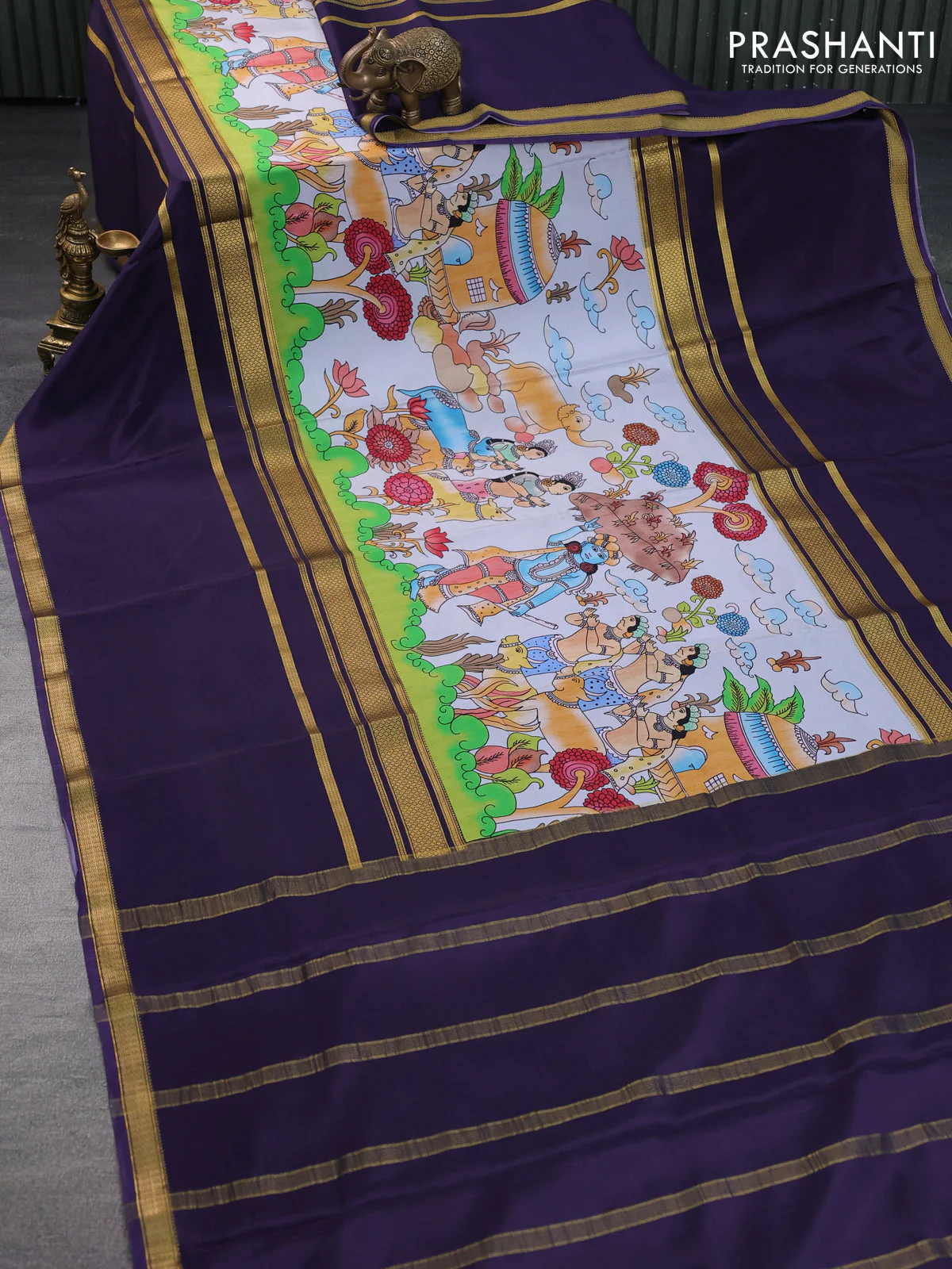 Pure mysore silk saree pastel blue and navy blue with pichwai prints and rettapet zari woven border - Image 12