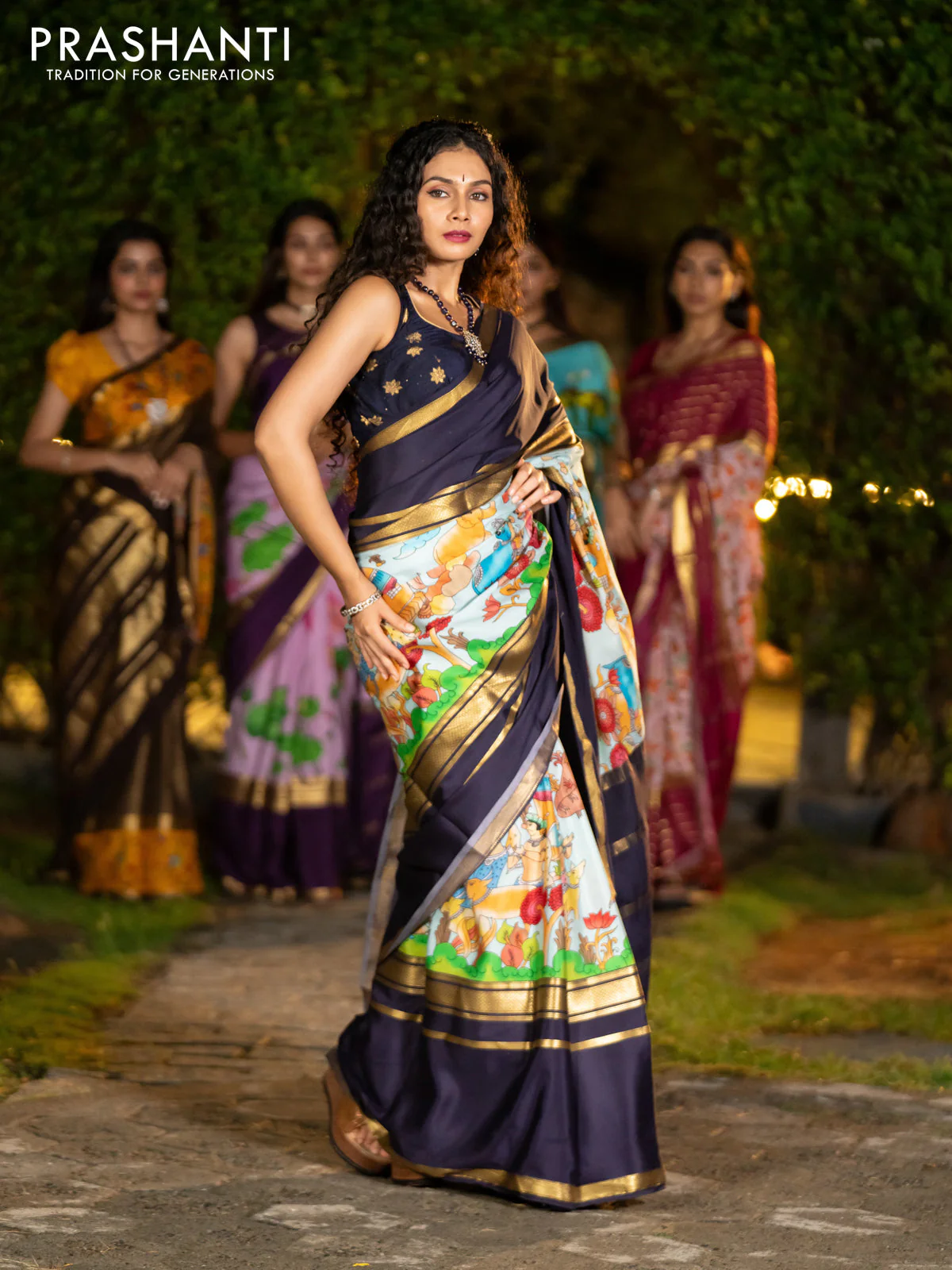 Pure mysore silk saree pastel blue and navy blue with pichwai prints and rettapet zari woven border - Image 3