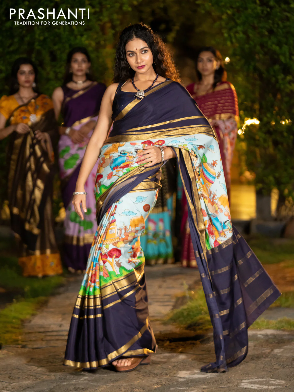 Pure mysore silk saree pastel blue and navy blue with pichwai prints and rettapet zari woven border - Image 4