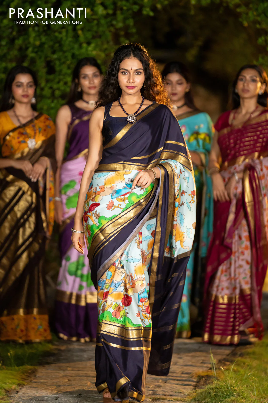 Pure mysore silk saree pastel blue and navy blue with pichwai prints and rettapet zari woven border - Image 5