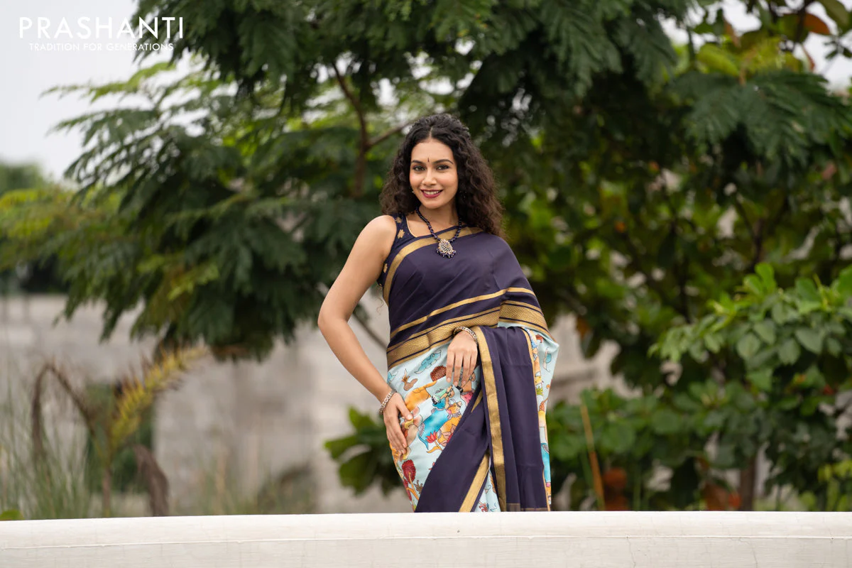 Pure mysore silk saree pastel blue and navy blue with pichwai prints and rettapet zari woven border - Image 6