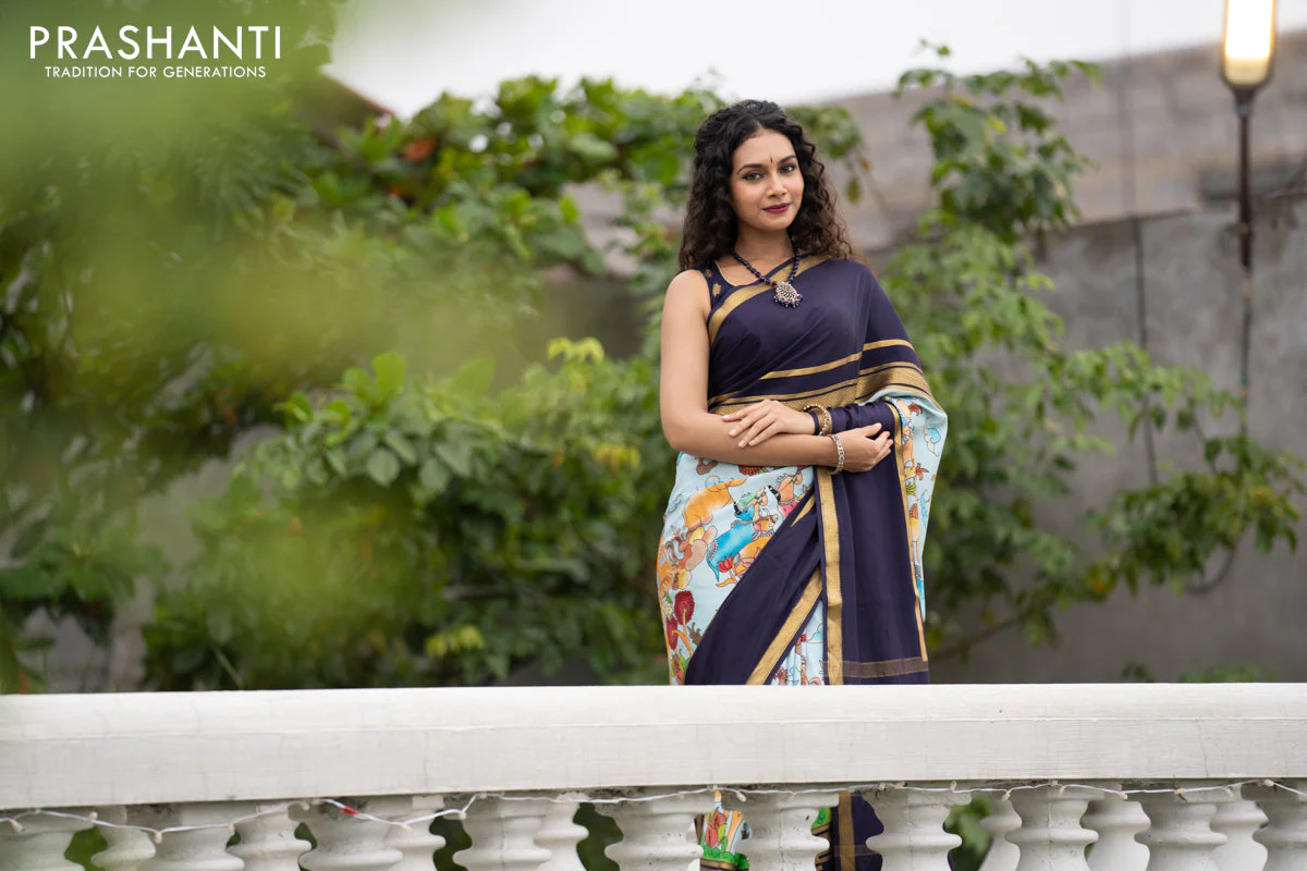 Pure mysore silk saree pastel blue and navy blue with pichwai prints and rettapet zari woven border - Image 7