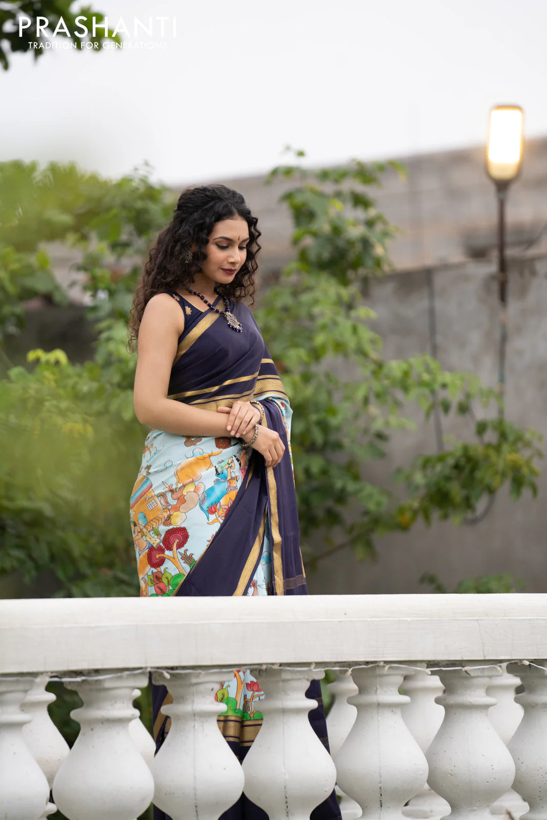 Pure mysore silk saree pastel blue and navy blue with pichwai prints and rettapet zari woven border - Image 8