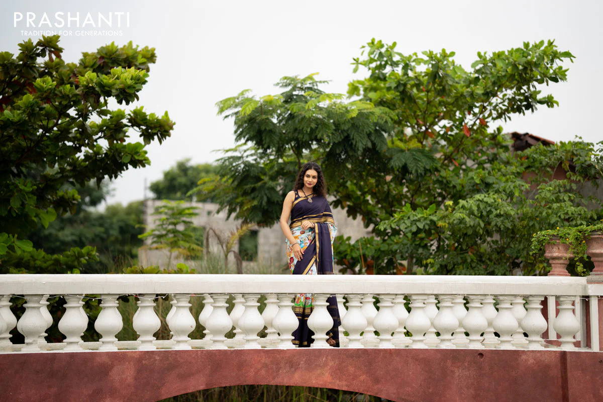 Pure mysore silk saree pastel blue and navy blue with pichwai prints and rettapet zari woven border - Image 9