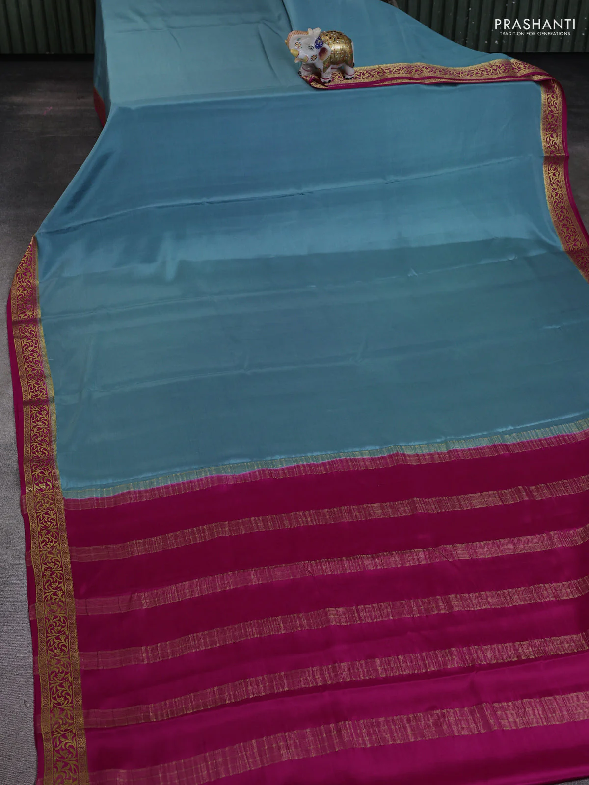 Pure mysore silk saree pastel blue and pink with plain body and zari woven border - Image 2