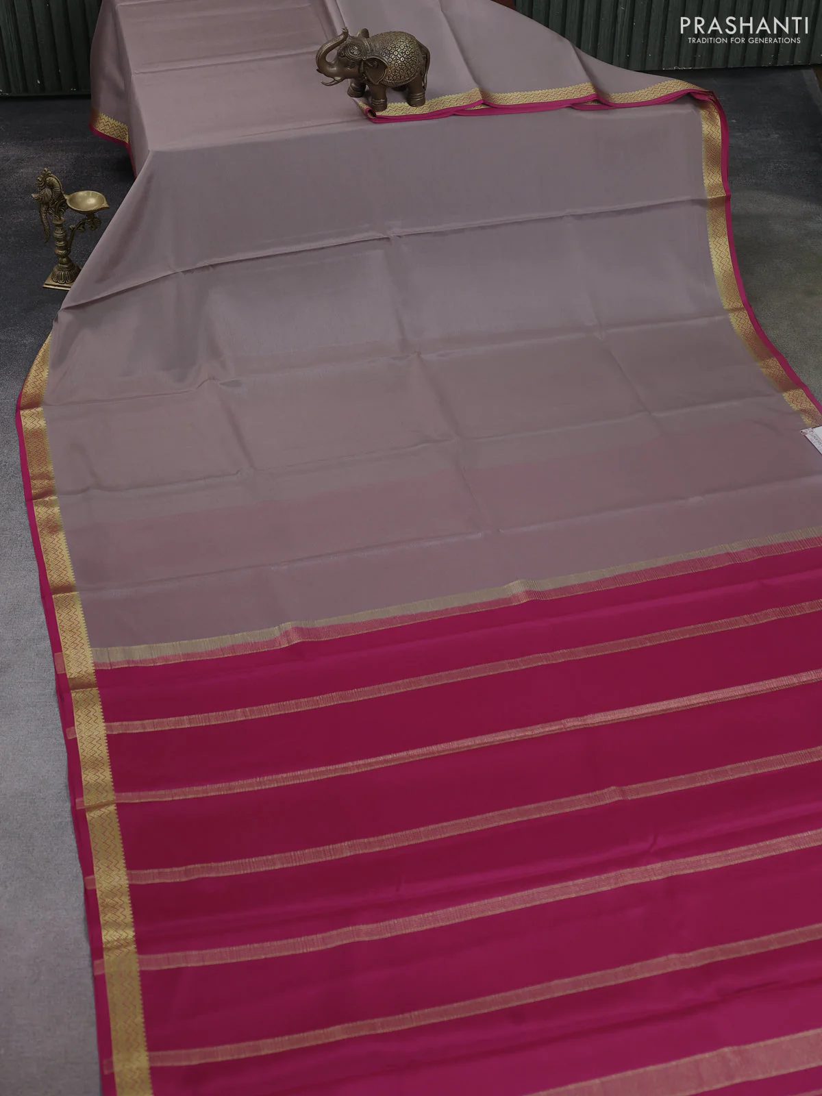Pure mysore silk saree pastel brown shade and pink with plain body and zari woven border - Image 2