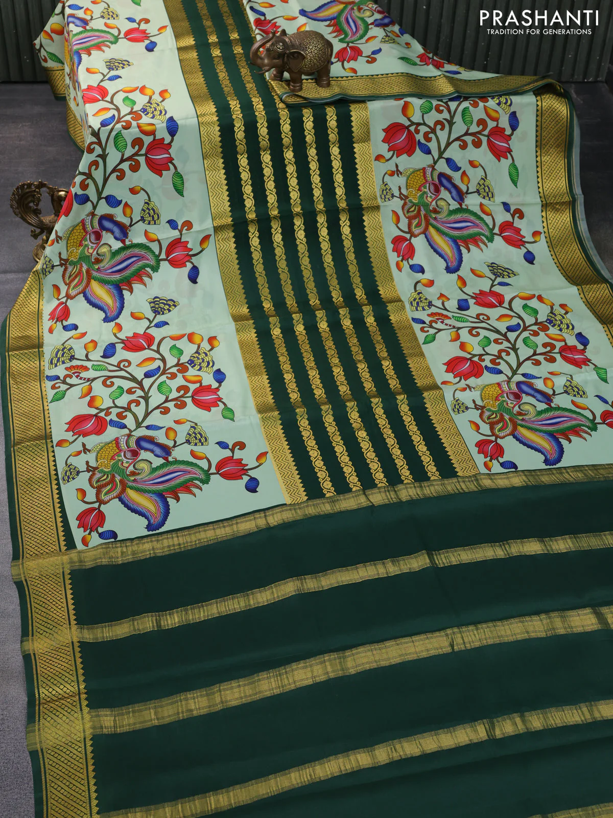 Pure mysore silk saree pastel gren and bottle green with zari stripe weaves and long kalamkari digital printed border - Image 2