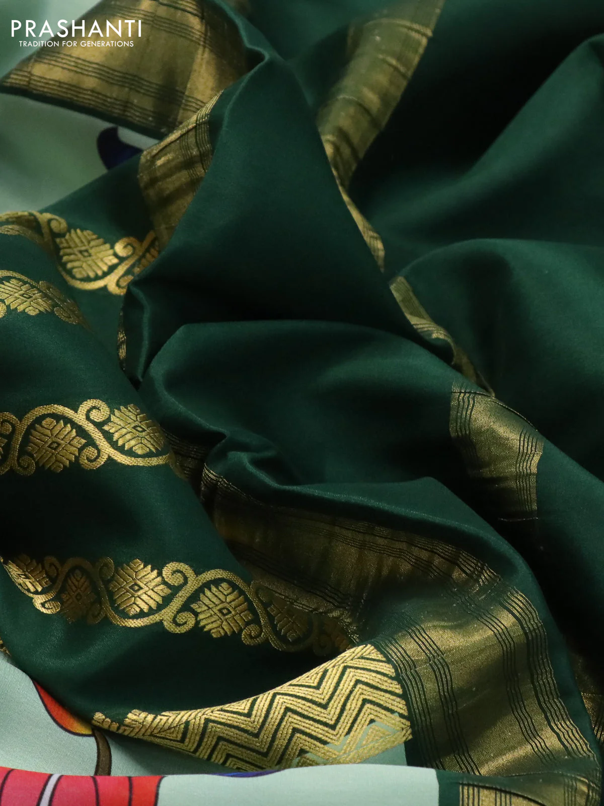 Pure mysore silk saree pastel gren and bottle green with zari stripe weaves and long kalamkari digital printed border - Image 3