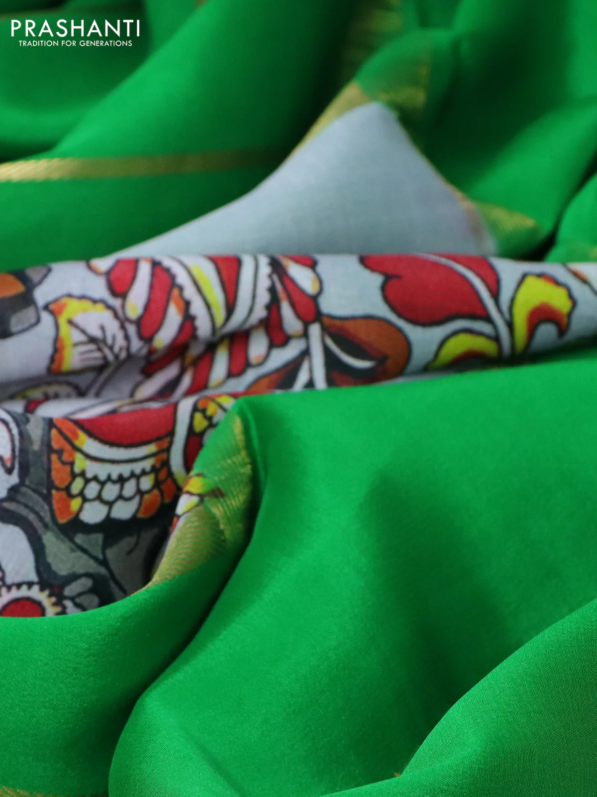 Pure mysore silk saree pastel grey and light green with kalamkari digital prints and long zari woven border - Image 3