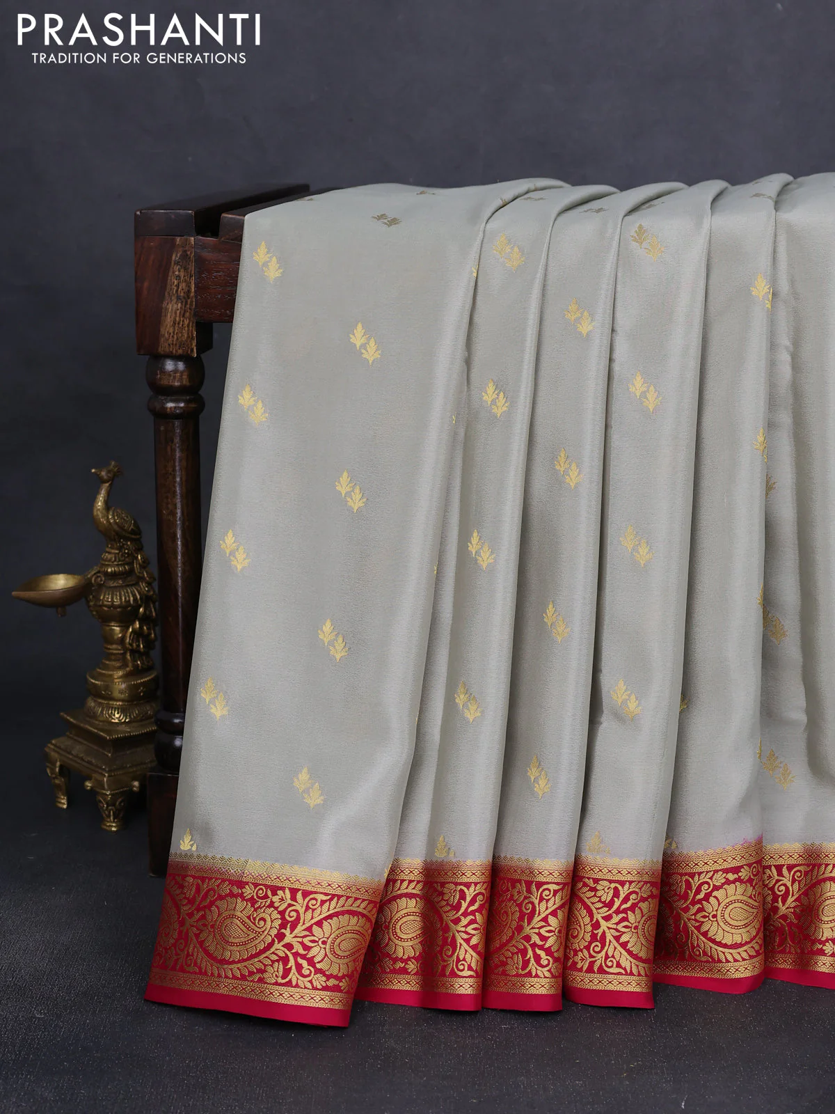 Pure mysore silk saree pastel grey and pink with allover zari woven buttas and zari woven border