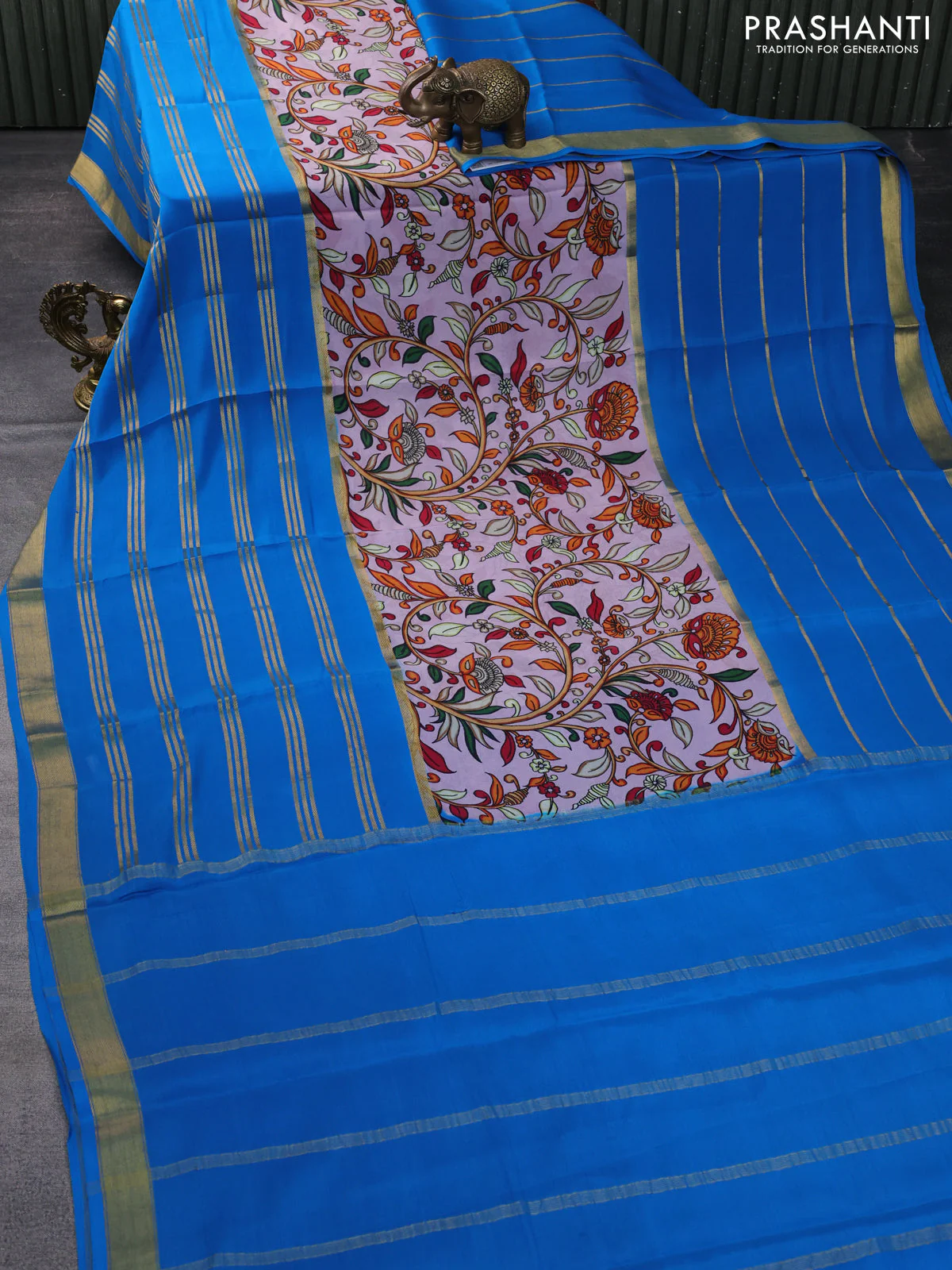 Pure mysore silk saree pastel lavender and cs blue with kalamkari digital prints and long zari woven border - Image 2