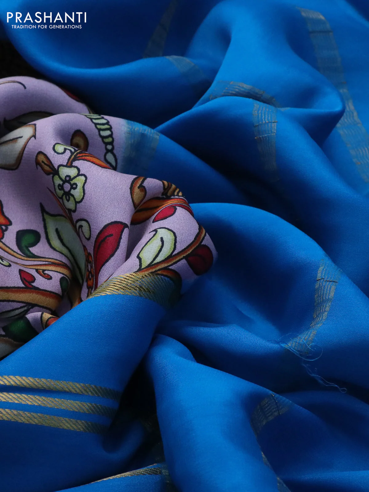 Pure mysore silk saree pastel lavender and cs blue with kalamkari digital prints and long zari woven border - Image 3
