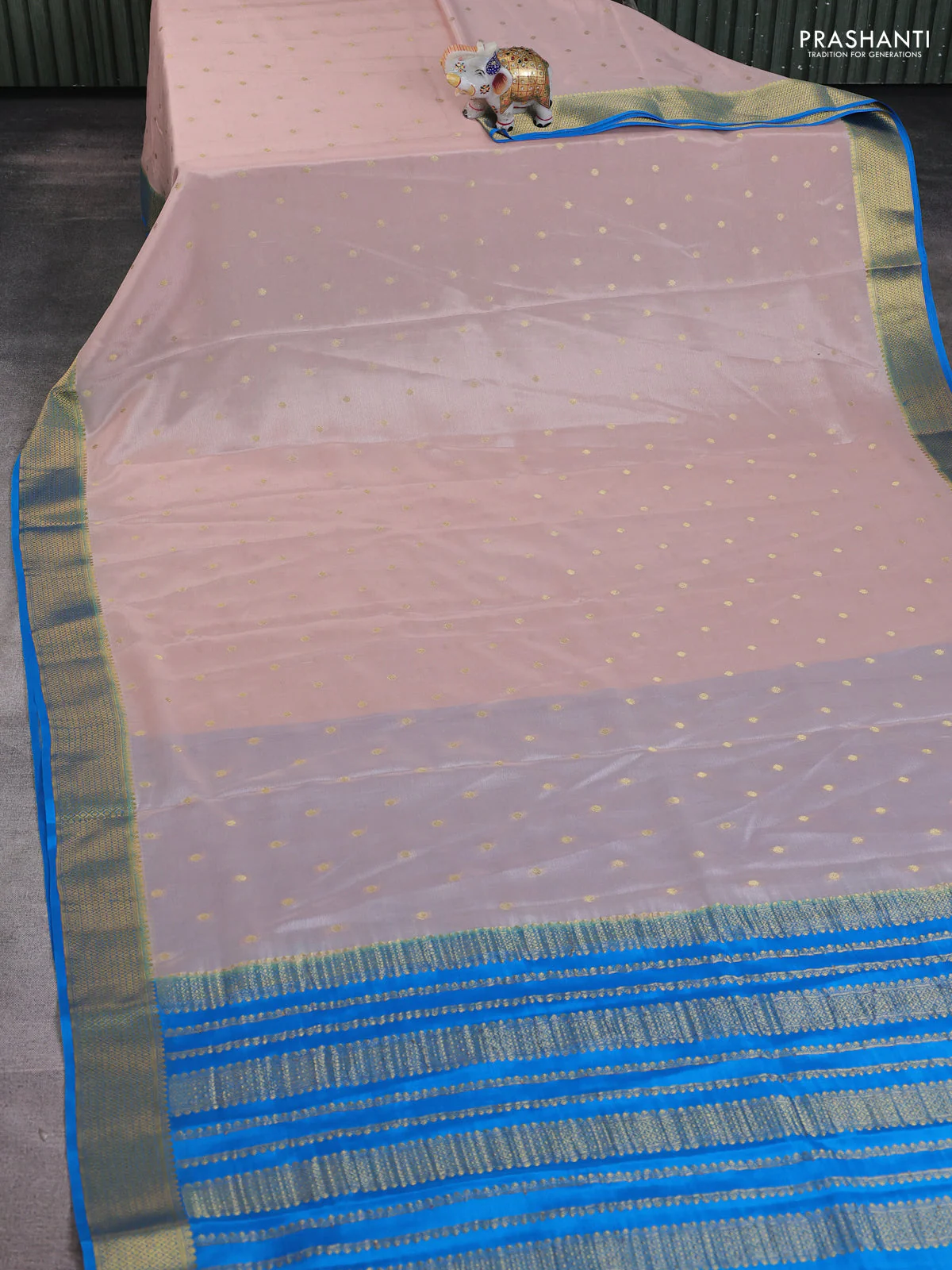 Pure mysore silk saree pastel peach and cs blue with allover zari woven buttas and zari woven border - Image 2
