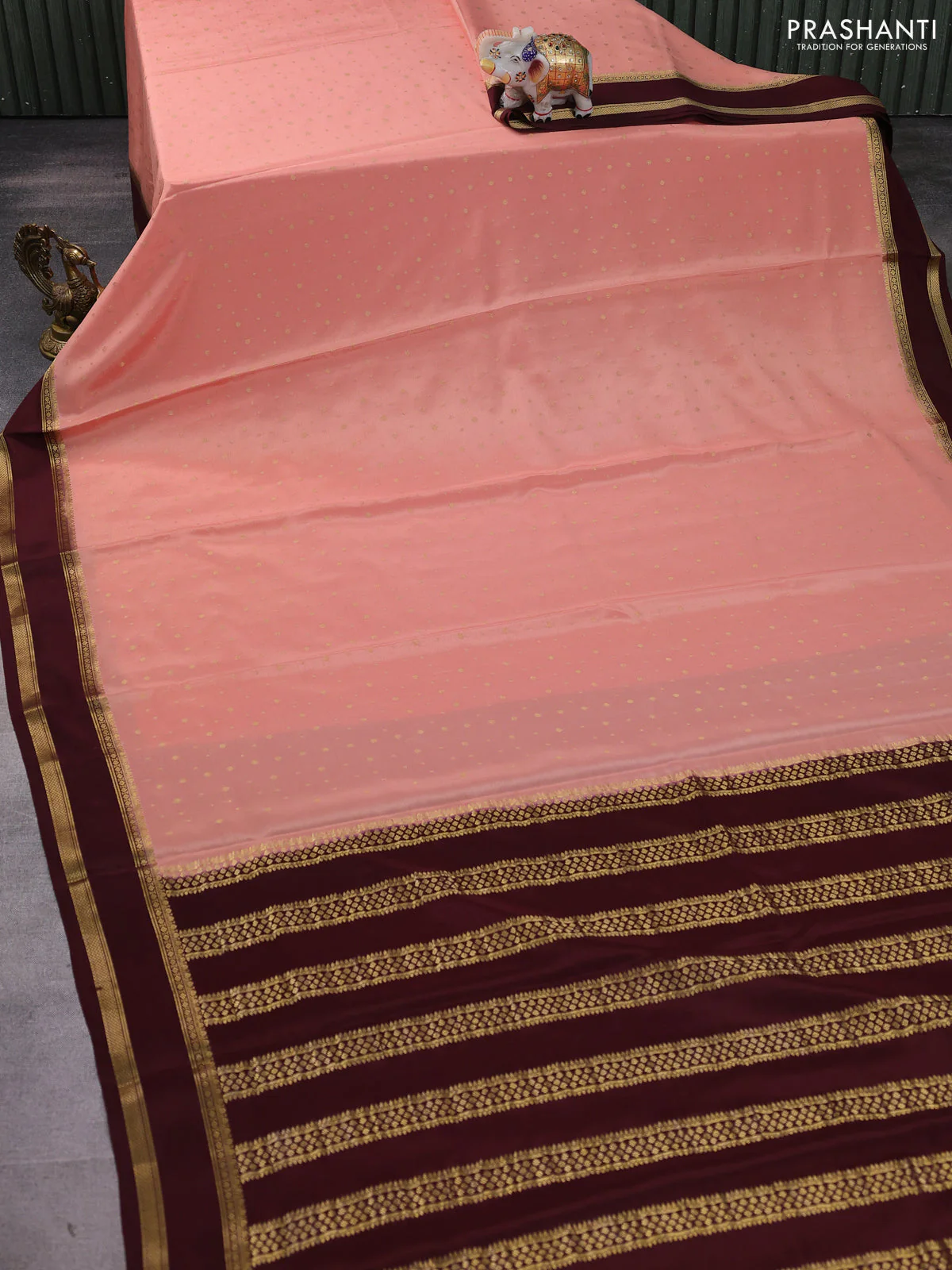 Pure mysore silk saree pastel peach with allover zari woven buttas and rettapet zari woven border - Image 2