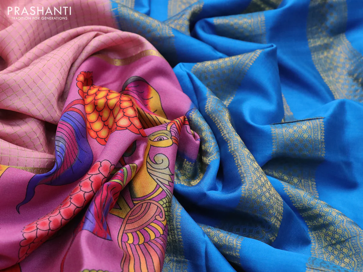 Pure mysore silk saree pastel pink and mauve pink cs blue with allover zari checked pattern and long kalamkari printed zari border - Image 3