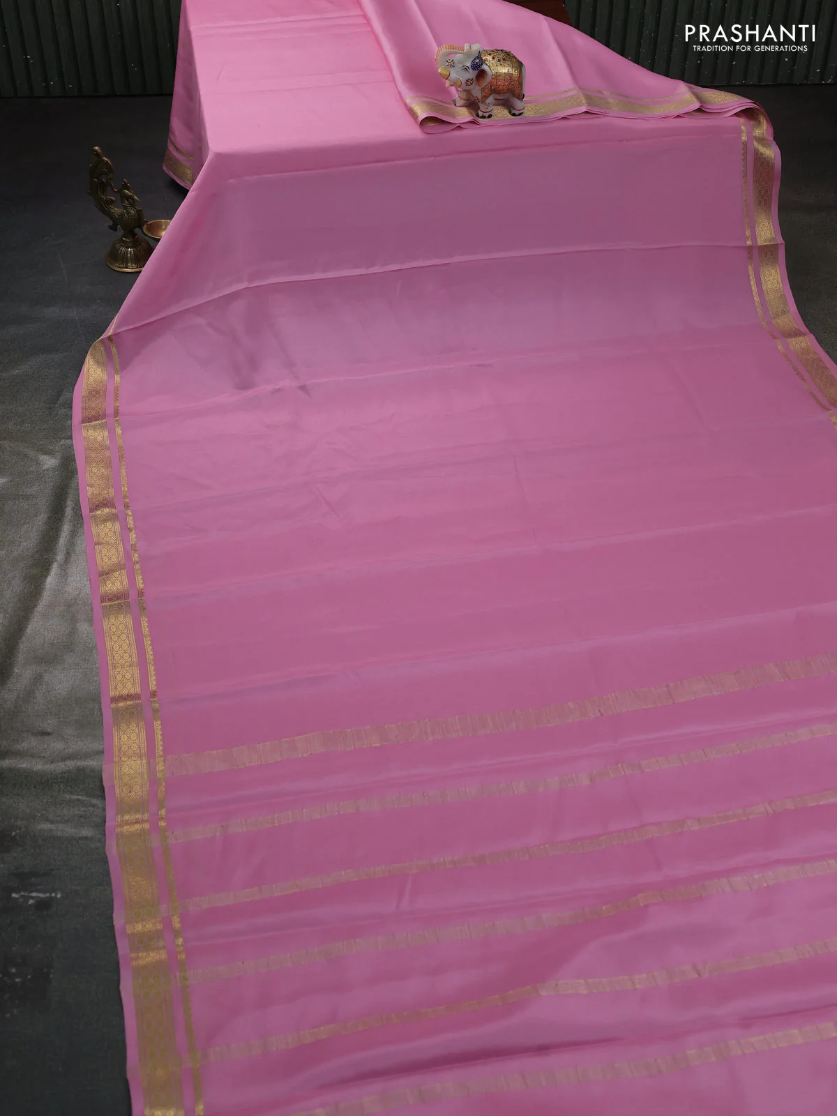 Pure mysore silk saree pastel pink with plain body and zari woven border - Image 2