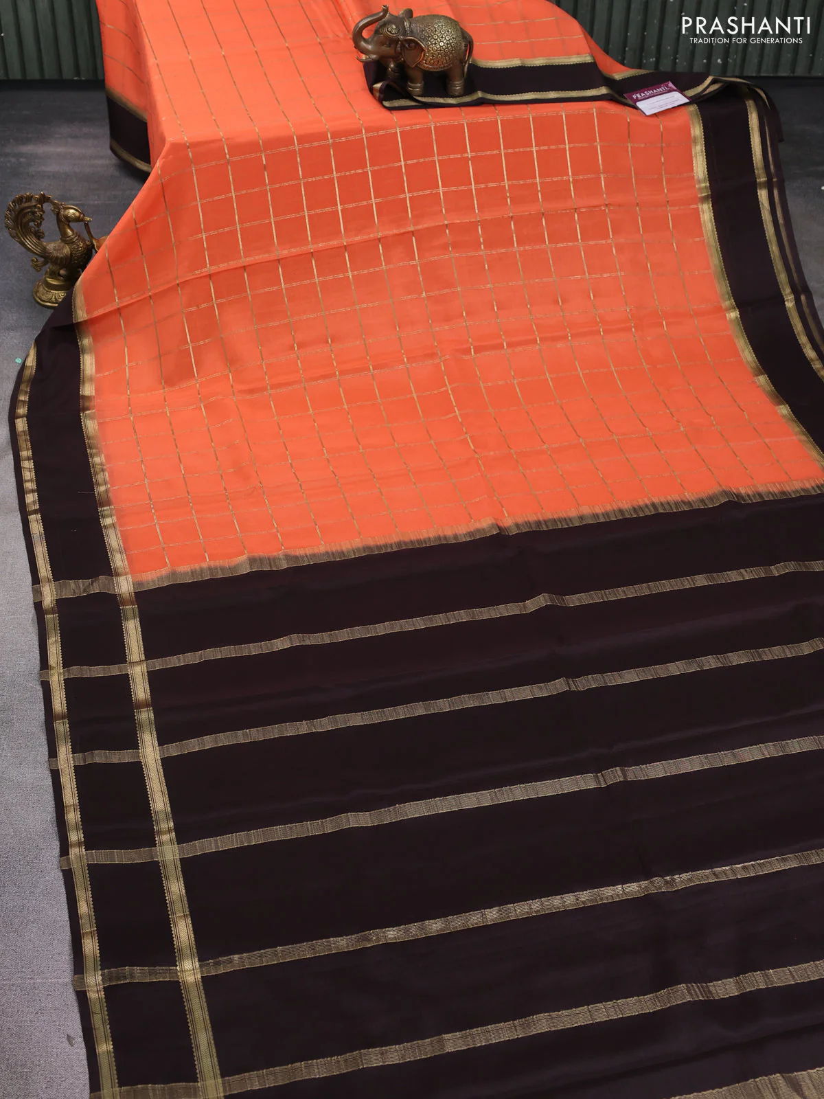 Pure mysore silk saree peach orange and coffee brown with allover zari woven checked pattern and rettapet zari woven border - Image 2