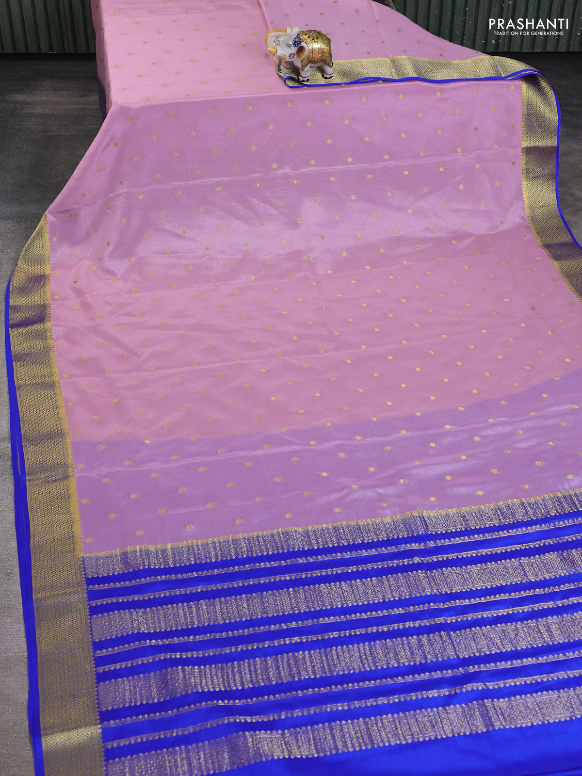 Pure mysore silk saree peach pink and blue with allover zari woven buttas and zari woven border - Image 2