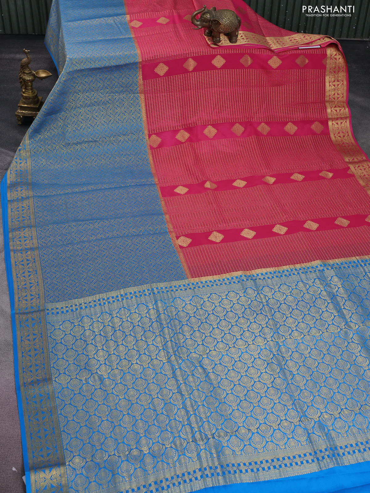 Pure mysore silk saree peach pink and cs blue with allover zari checks & buttas and long rich zari woven border - Image 2