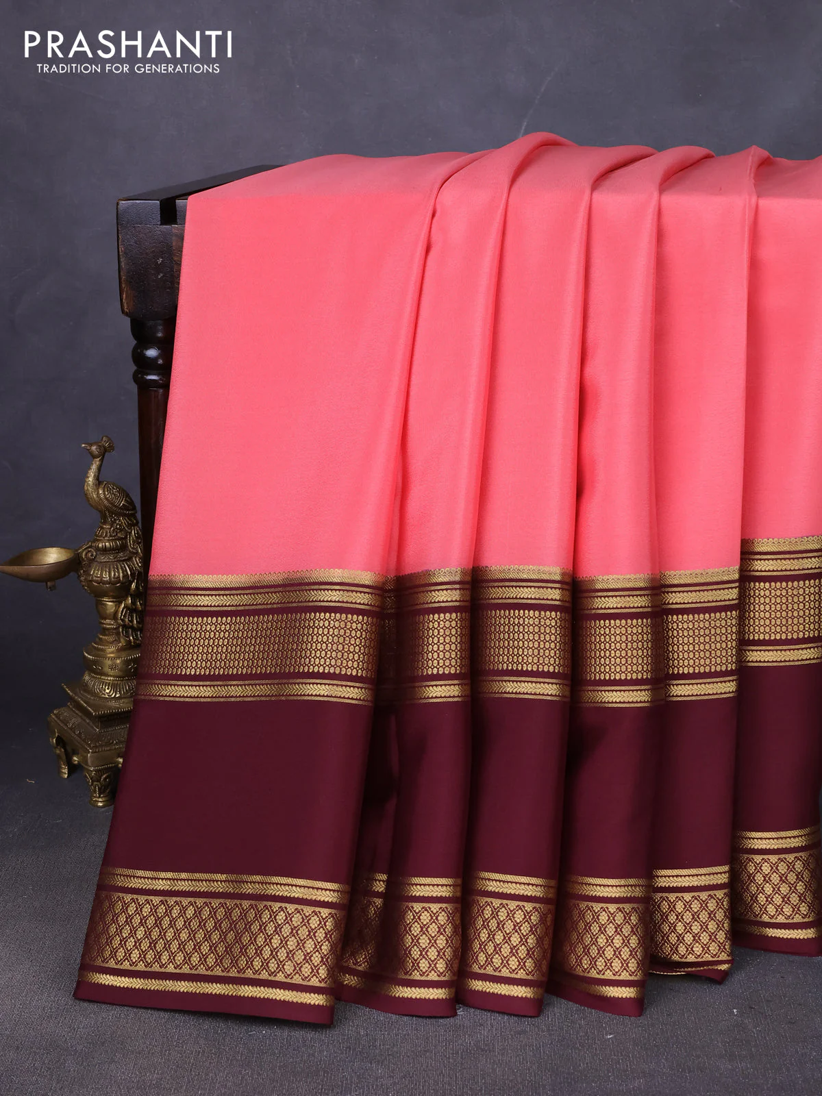 Pure mysore silk saree peach pink and deep maroon with plain body and rettapet zari woven border