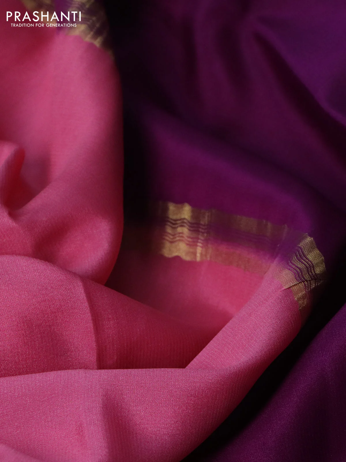 Pure mysore silk saree peach pink and purple cs blue with plain body and long rettapet zari woven border - Image 3