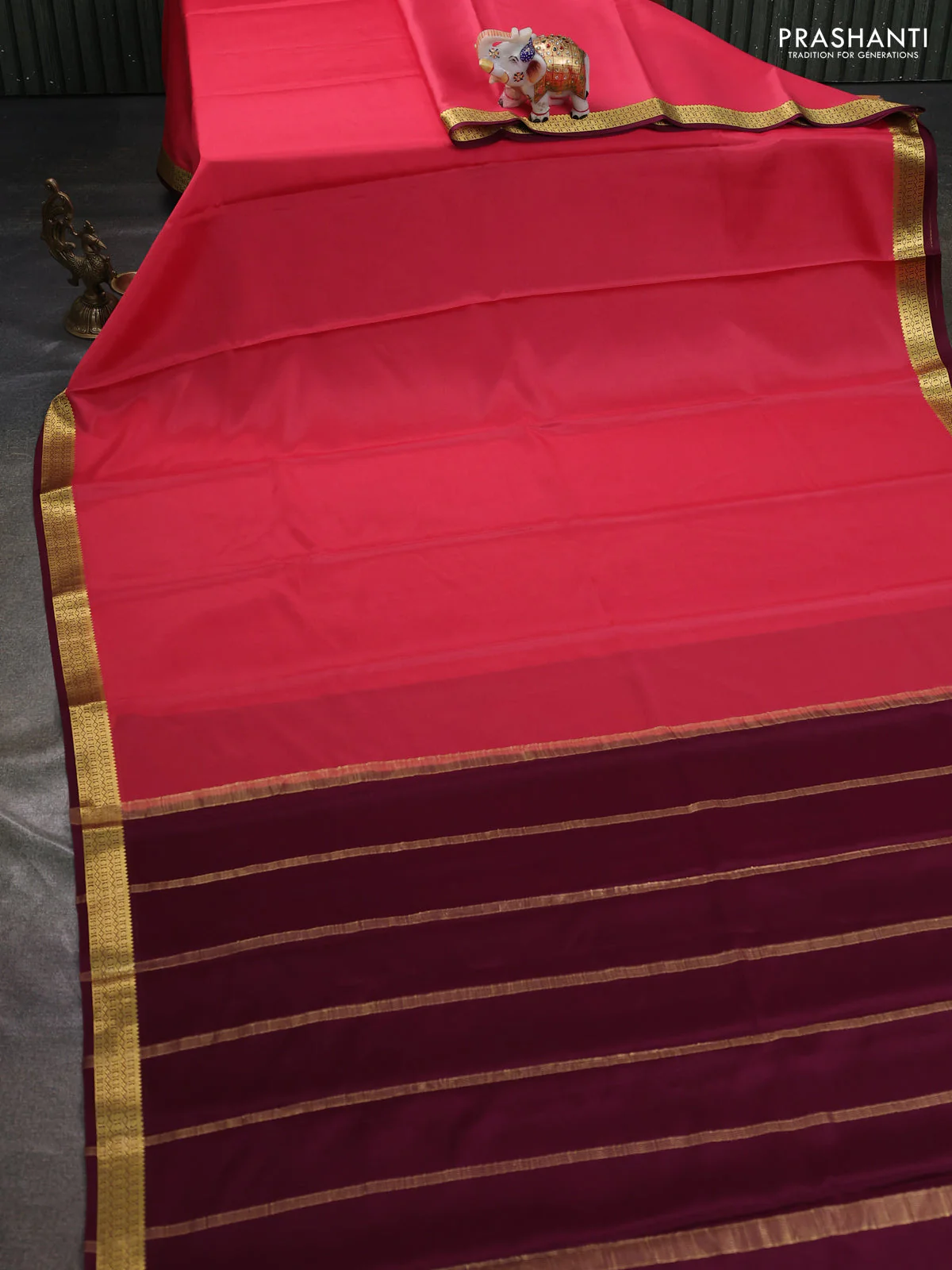 Pure mysore silk saree peach pink and wine shade with plain body and zari woven border - Image 2