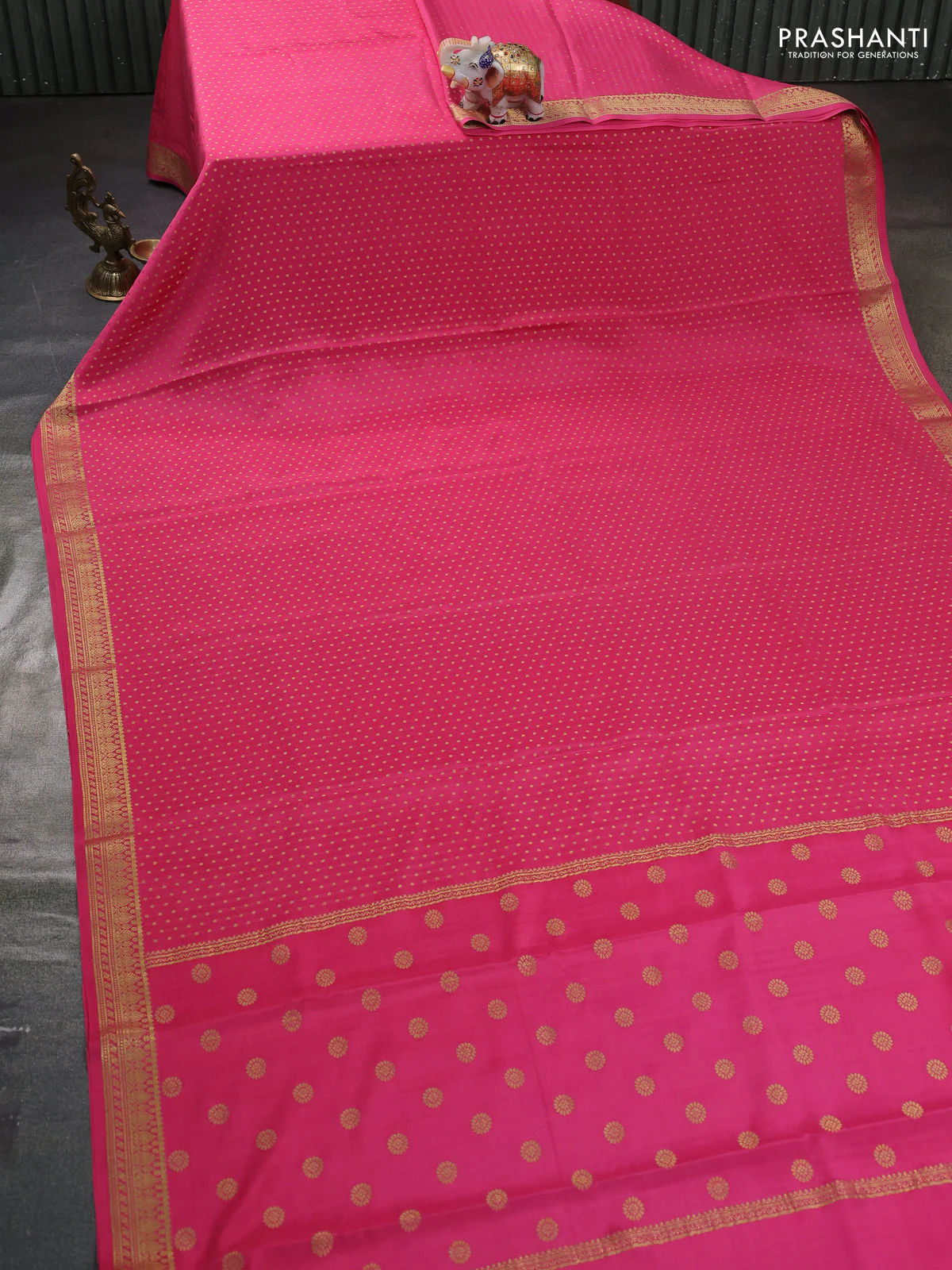 Pure mysore silk saree peach pink with allover zari woven buttas and zari woven border - Image 2