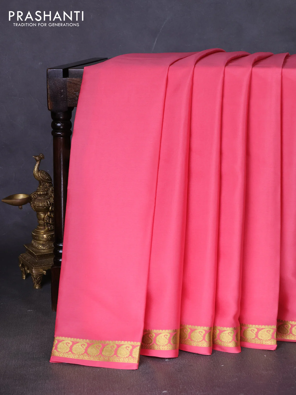 Pure mysore silk saree peach pink with plain body and paisley zari woven border