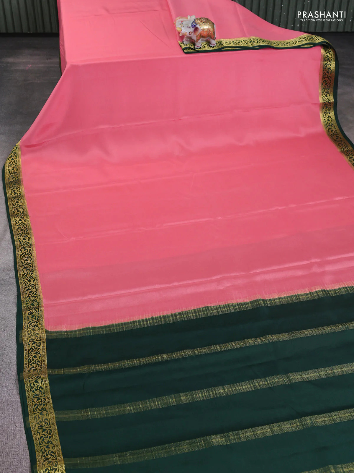 Pure mysore silk saree peach shade and bottle green with plain body and zari woven border - Image 2