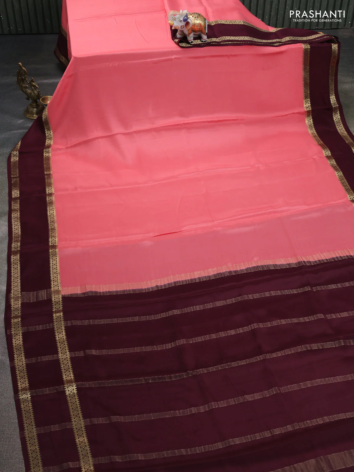 Pure mysore silk saree peach shade and coffee brown with plain body and rettapet zari woven border - Image 2