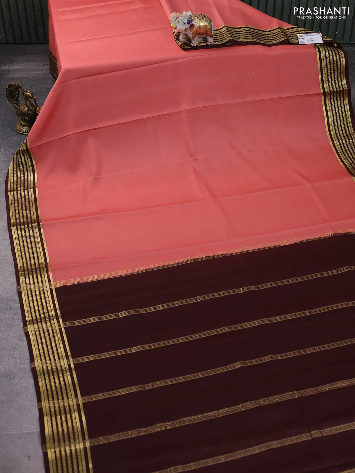 Pure mysore silk saree peach shade and coffee brown with plain body and zari woven border - Image 2