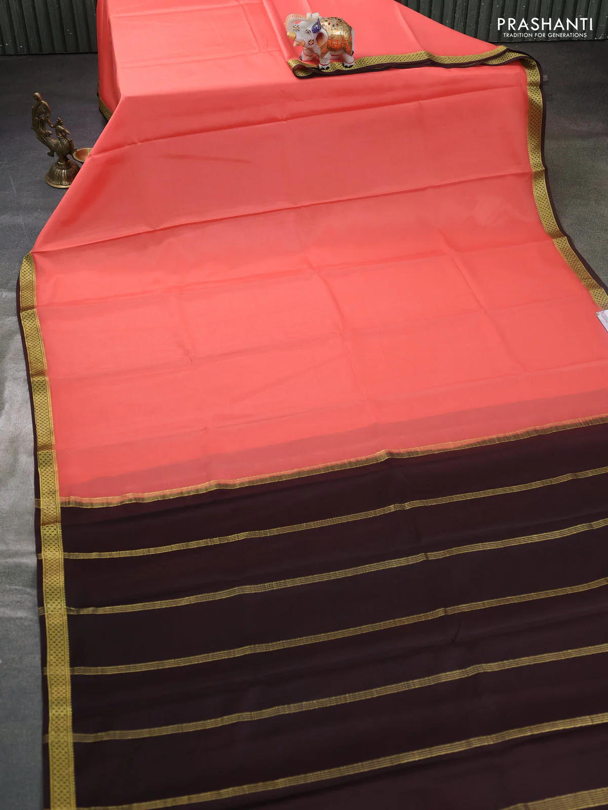Pure mysore silk saree peach shade and coffee brown with plain body and zari woven border - Image 2